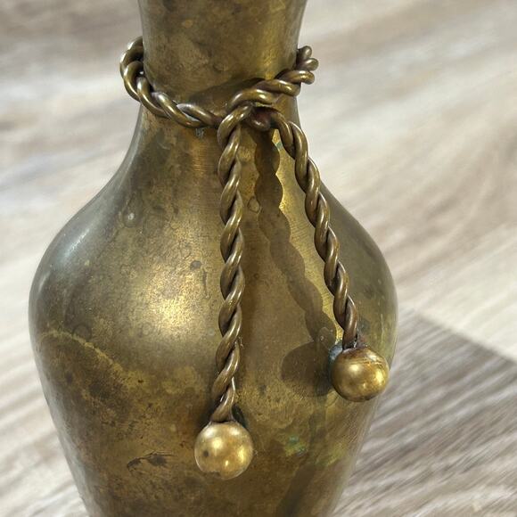 Vintage Brass Mini Vase with Rope Detail India Patina 6” Boho Cottagecore Decor - Picture 5 of 6